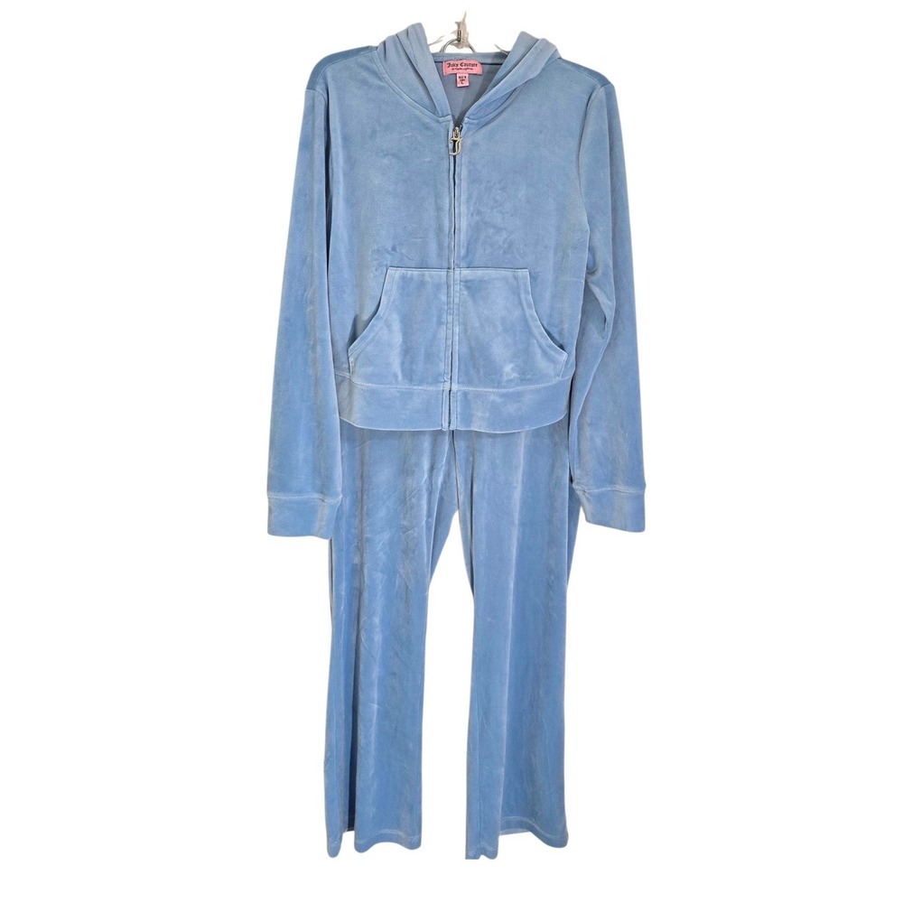 Juicy Couture Blue Velour Tracksuit Zip Hoodie Pants Set Large JC Crest Logo
